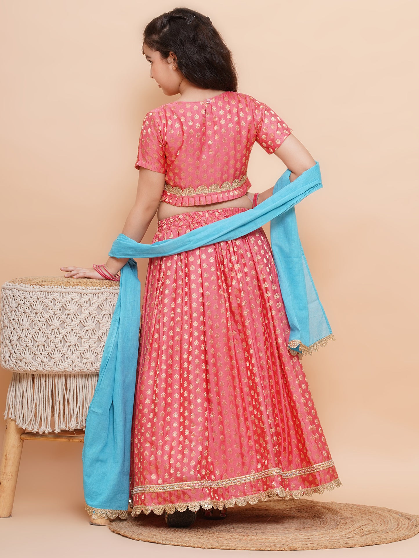 Aj Dezines Peach Poly Chanderi Half Sleeves Motif Print Lehenga Choli For Girls