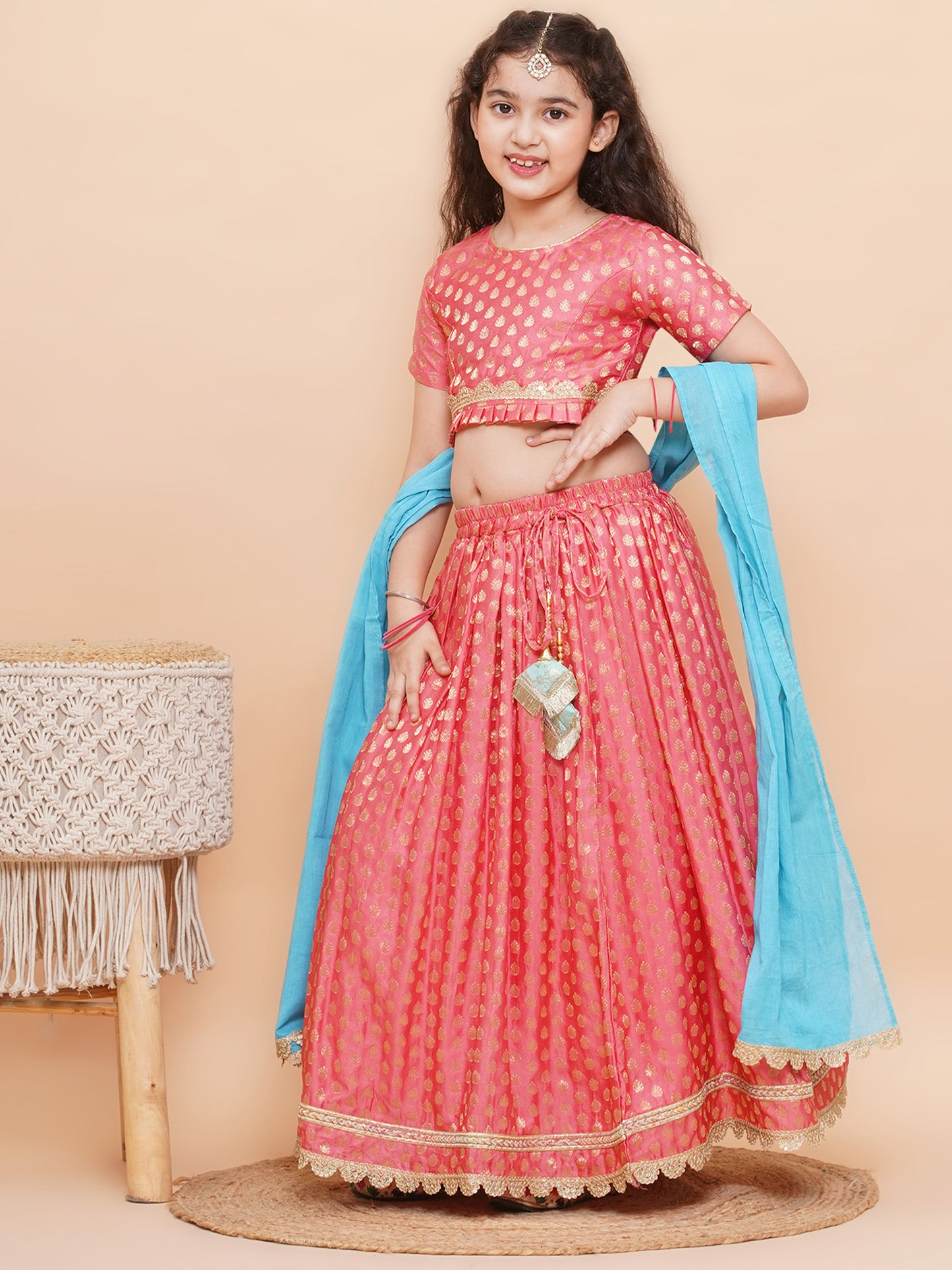 Aj Dezines Peach Poly Chanderi Half Sleeves Motif Print Lehenga Choli For Girls