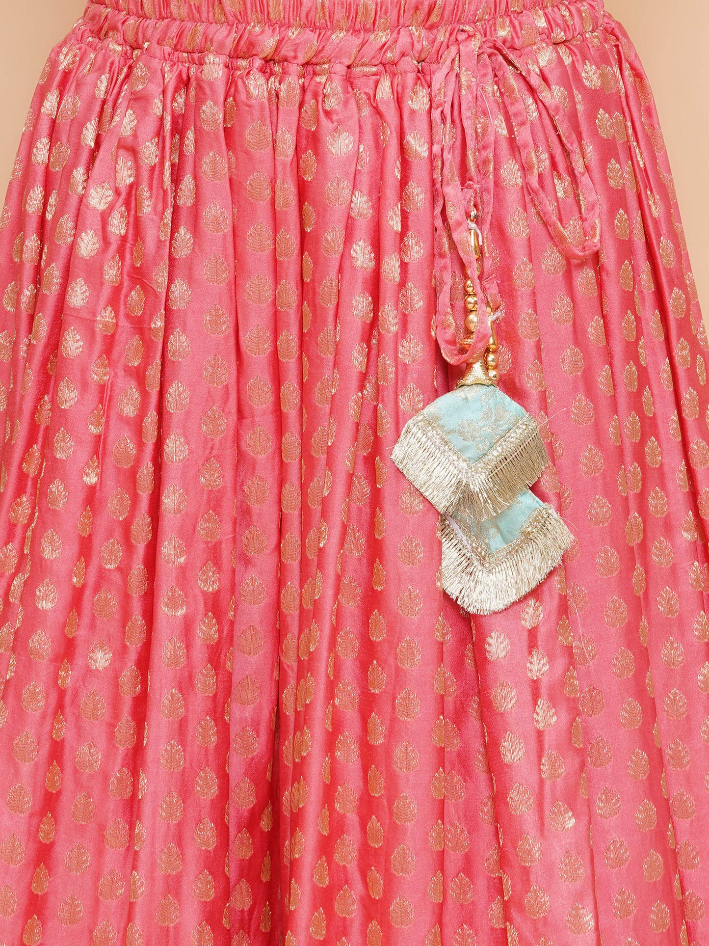 Aj Dezines Peach Poly Chanderi Half Sleeves Motif Print Lehenga Choli For Girls