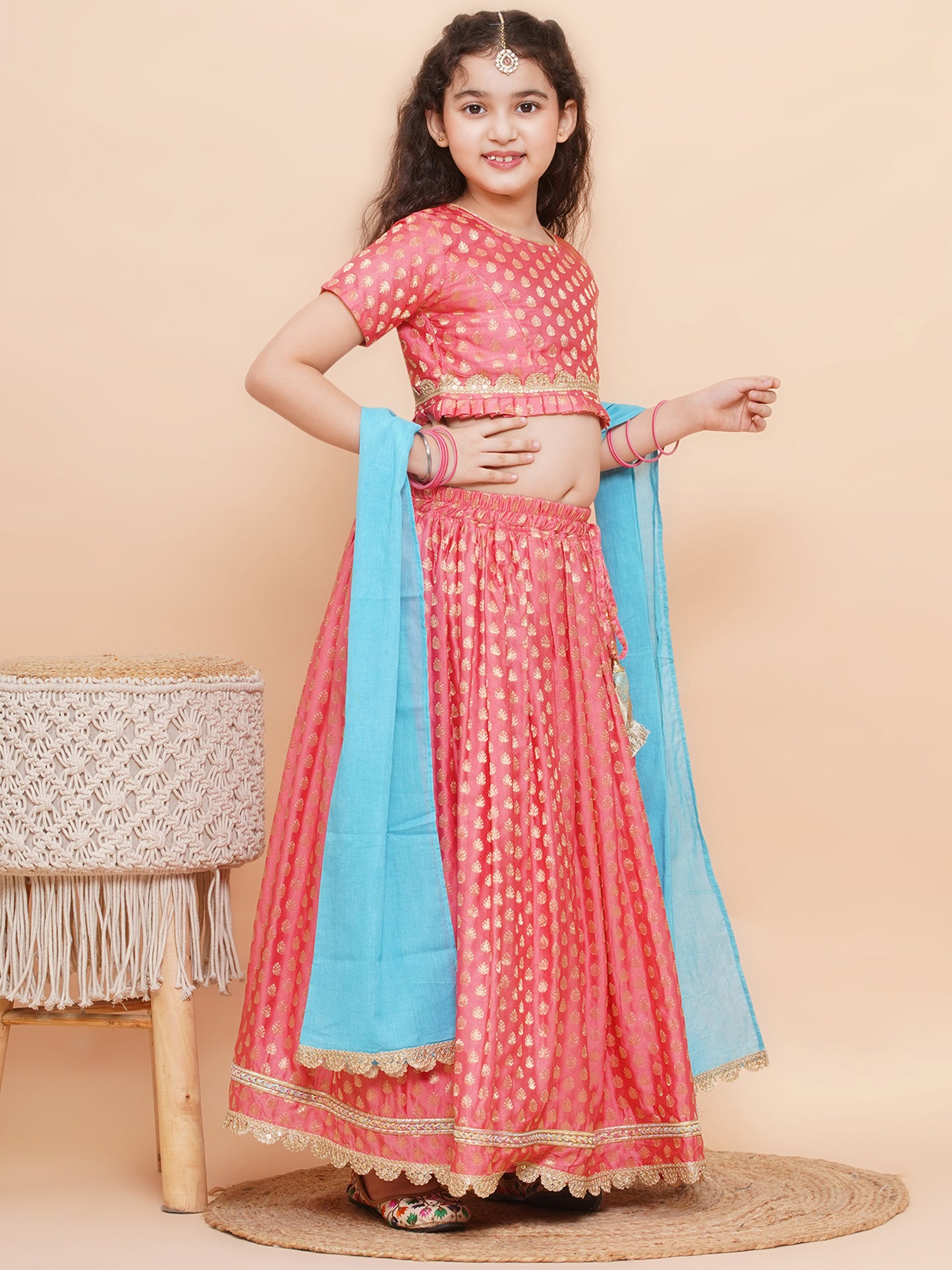 Aj Dezines Peach Poly Chanderi Half Sleeves Motif Print Lehenga Choli For Girls