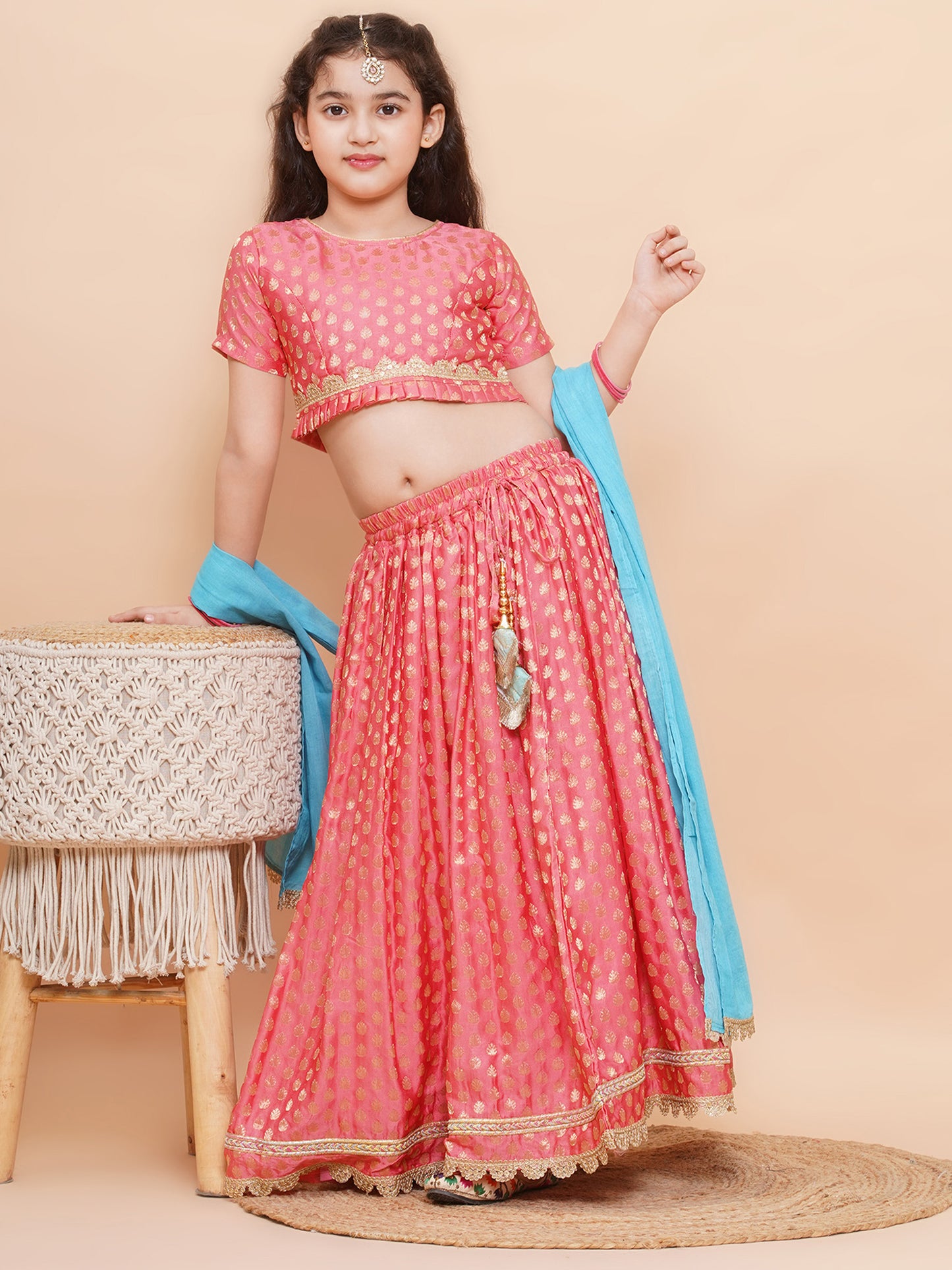 Aj Dezines Peach Poly Chanderi Half Sleeves Motif Print Lehenga Choli For Girls