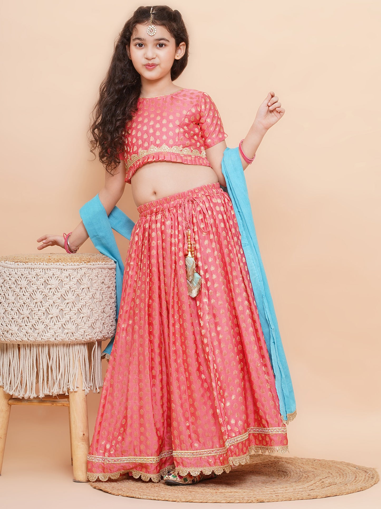 Aj Dezines Peach Poly Chanderi Half Sleeves Motif Print Lehenga Choli For Girls