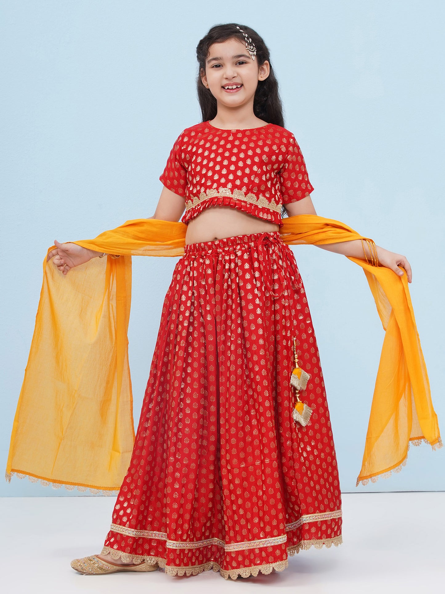 Aj Dezines Red Poly Chanderi Half Sleeves Motif Print Lehenga Choli For Girls
