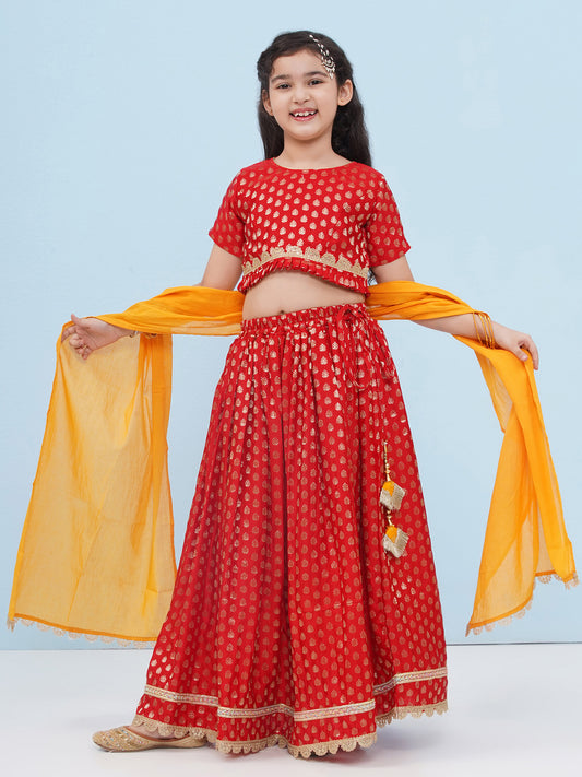 Aj Dezines Red Poly Chanderi Half Sleeves Motif Print Lehenga Choli For Girls