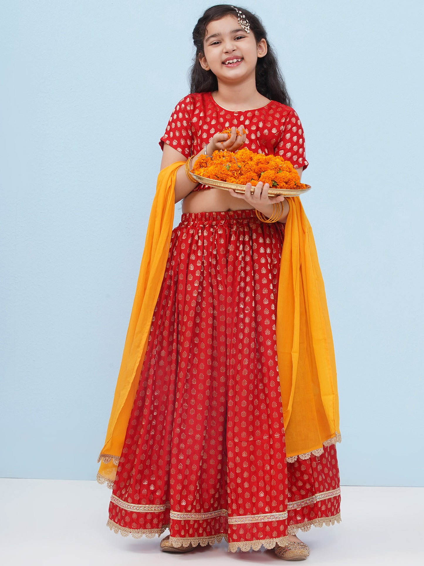 Aj Dezines Red Poly Chanderi Half Sleeves Motif Print Lehenga Choli For Girls