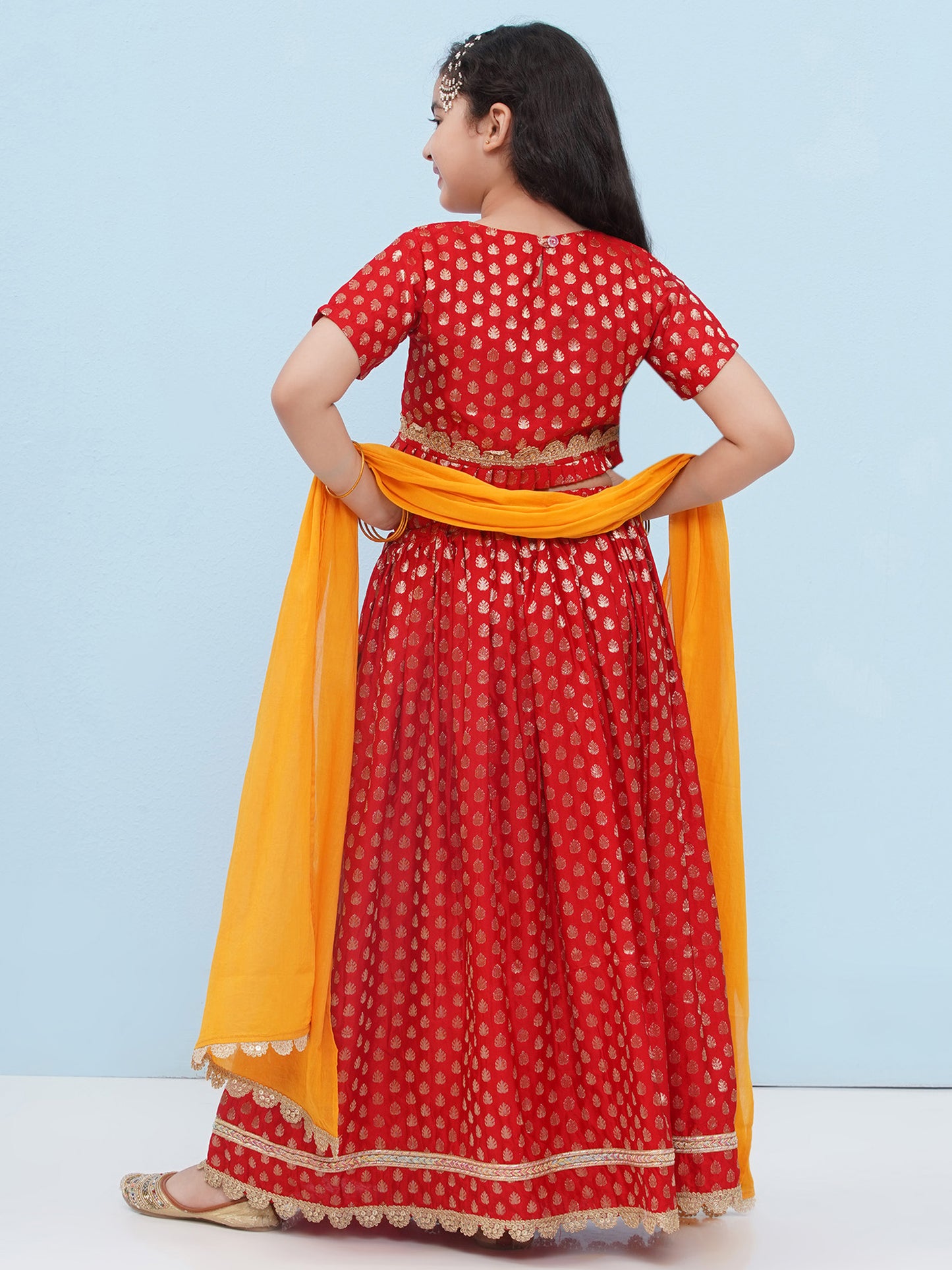 Aj Dezines Red Poly Chanderi Half Sleeves Motif Print Lehenga Choli For Girls