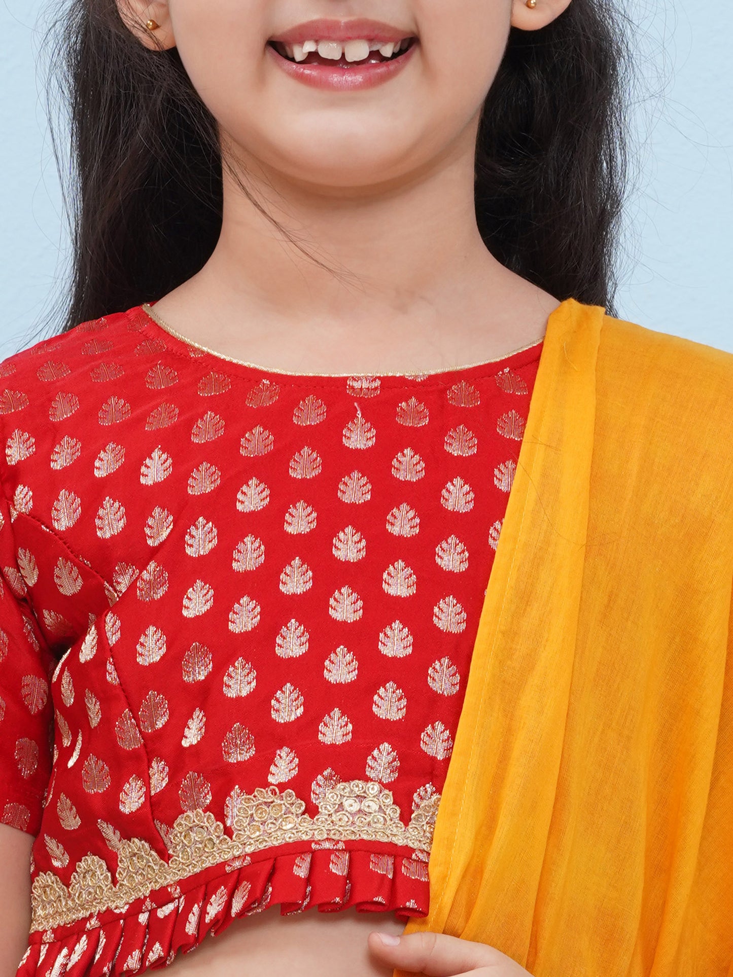 Aj Dezines Red Poly Chanderi Half Sleeves Motif Print Lehenga Choli For Girls