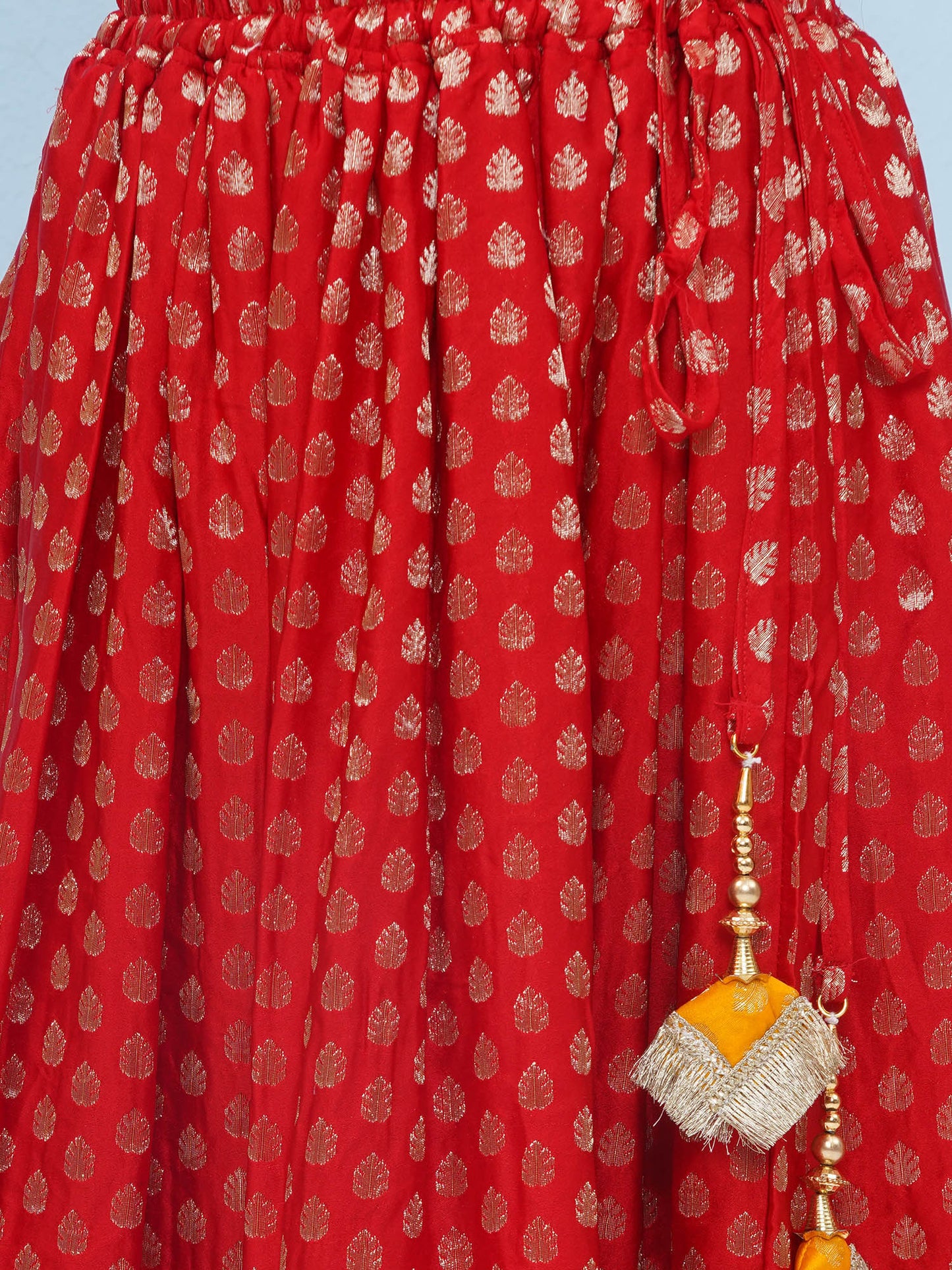Aj Dezines Red Poly Chanderi Half Sleeves Motif Print Lehenga Choli For Girls