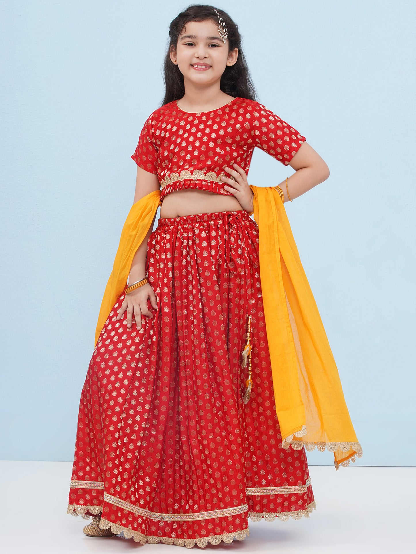 Aj Dezines Red Poly Chanderi Half Sleeves Motif Print Lehenga Choli For Girls
