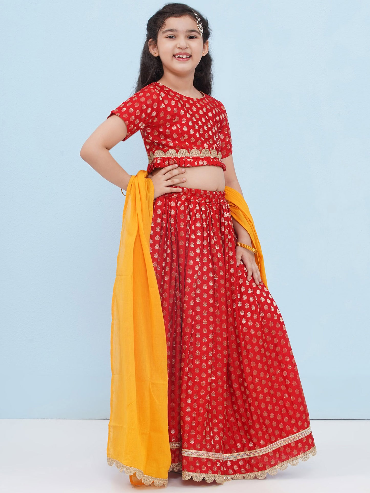 Aj Dezines Red Poly Chanderi Half Sleeves Motif Print Lehenga Choli For Girls