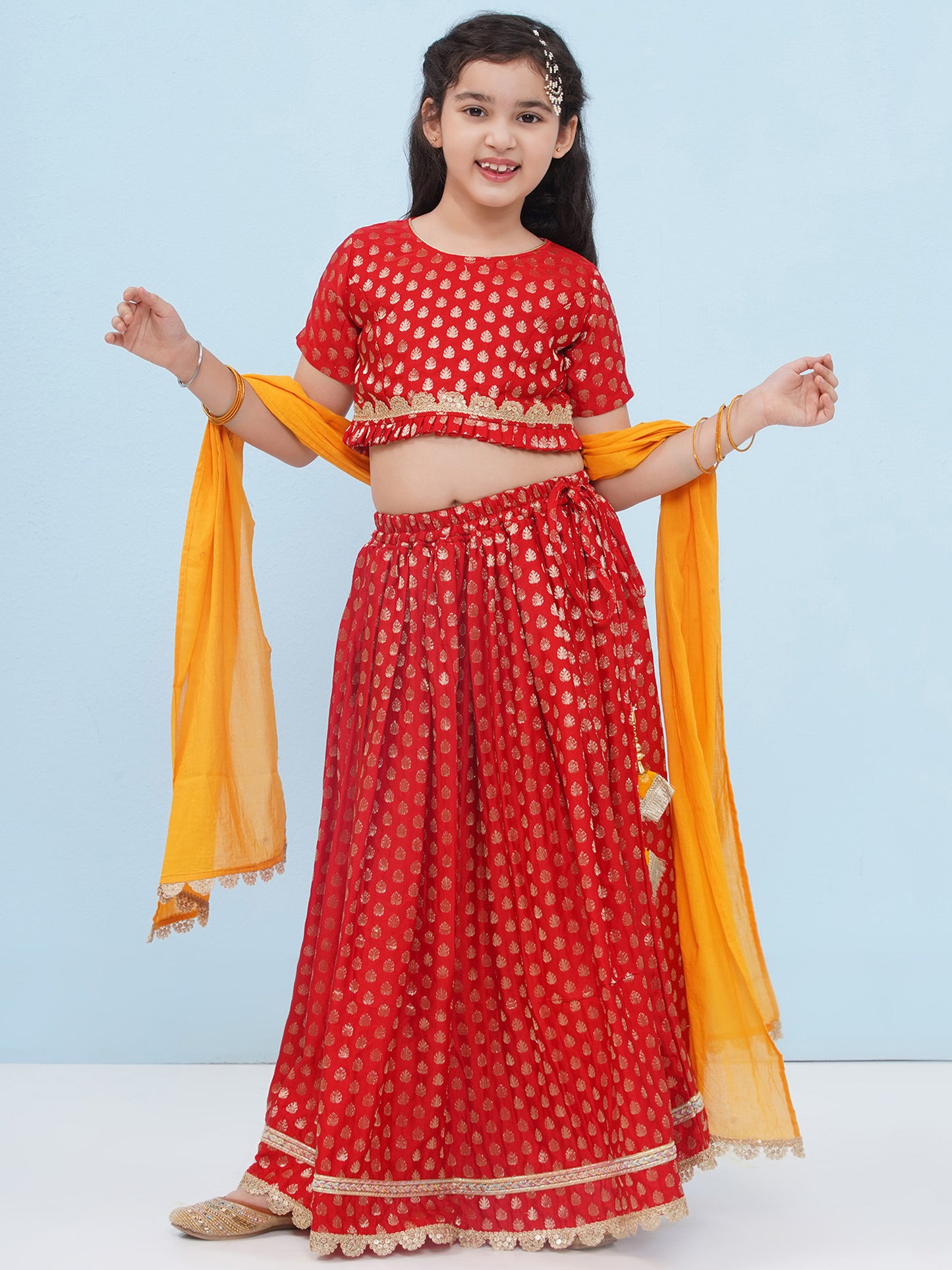 Aj Dezines Red Poly Chanderi Half Sleeves Motif Print Lehenga Choli For Girls
