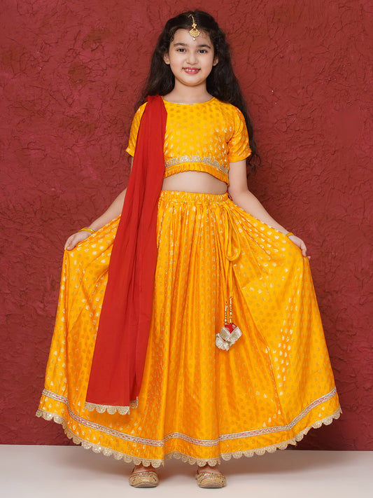 Aj Dezines Yellow Poly Chanderi Half Sleeves Motif Print Lehenga Choli For Girls