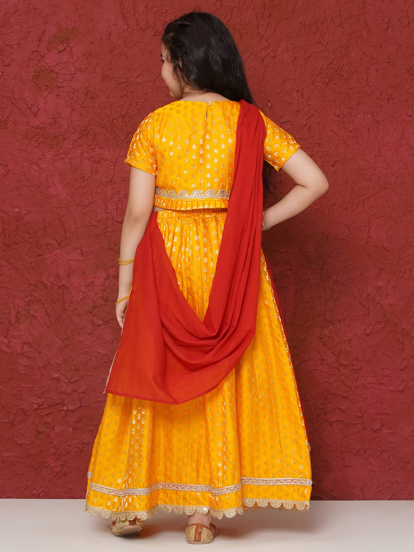Aj Dezines Yellow Poly Chanderi Half Sleeves Motif Print Lehenga Choli For Girls
