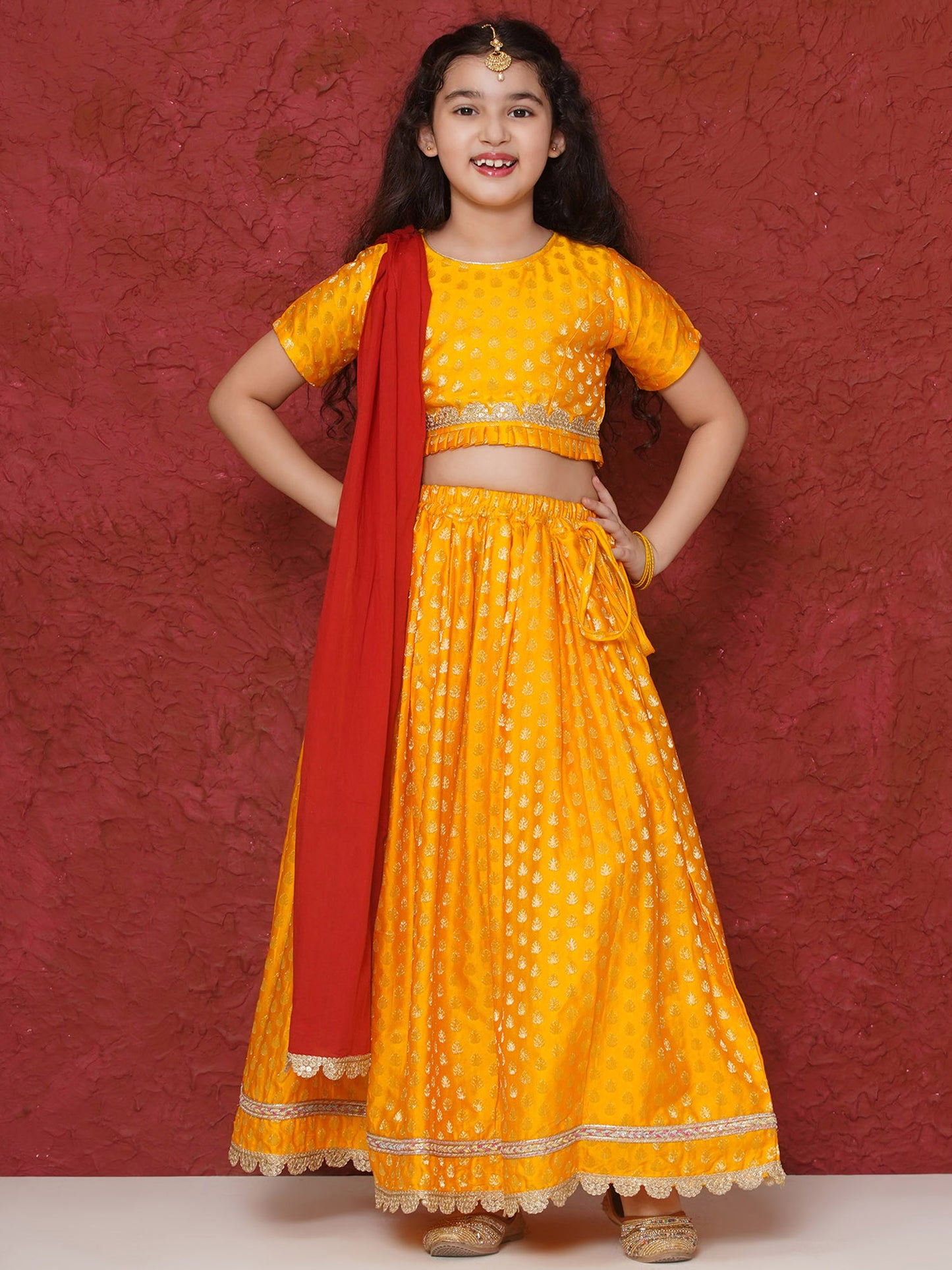 Aj Dezines Yellow Poly Chanderi Half Sleeves Motif Print Lehenga Choli For Girls