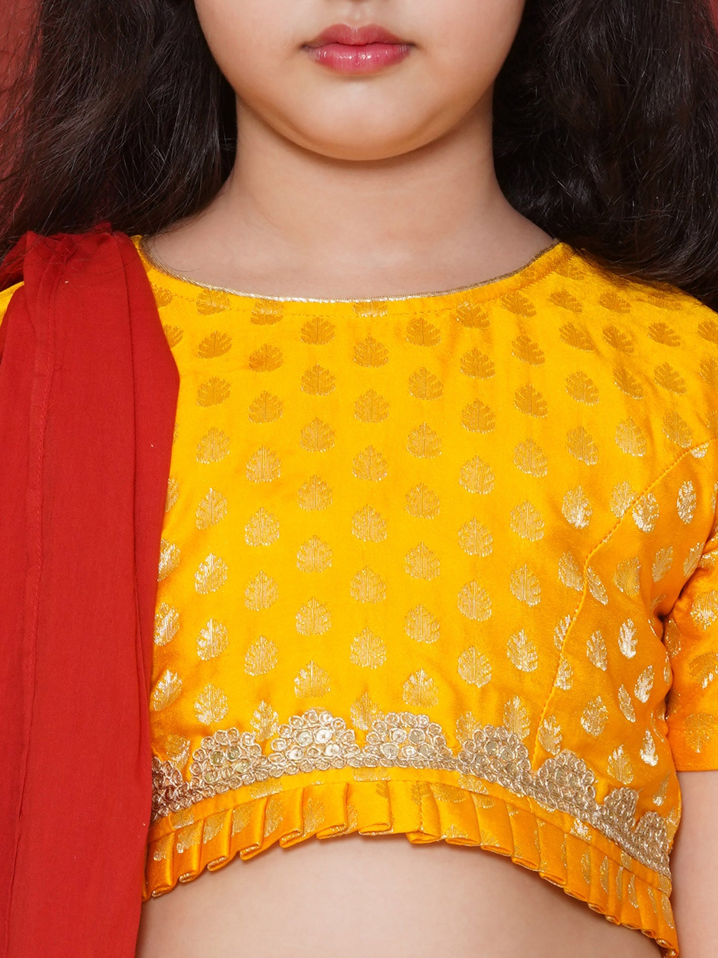 Aj Dezines Yellow Poly Chanderi Half Sleeves Motif Print Lehenga Choli For Girls