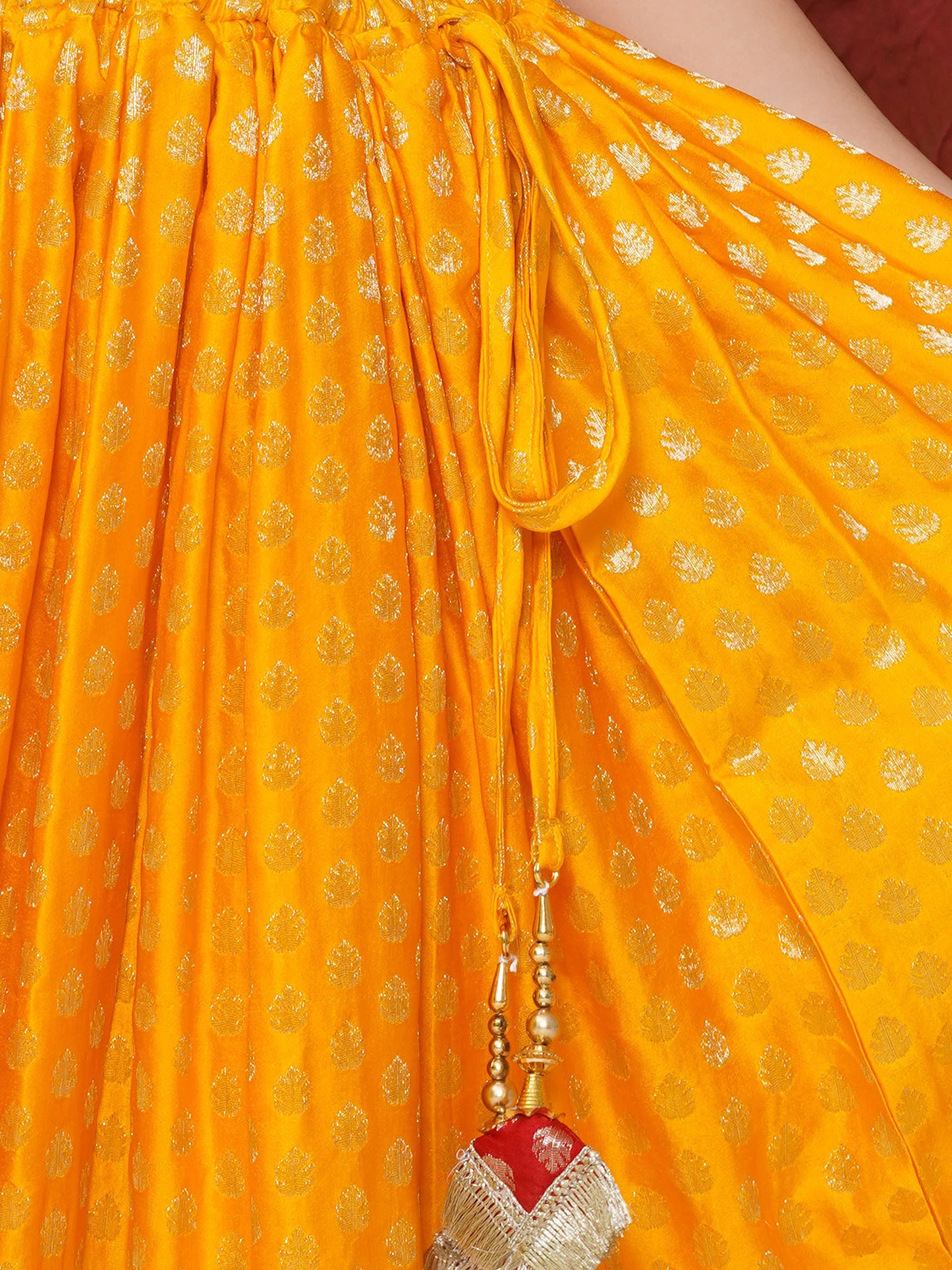 Aj Dezines Yellow Poly Chanderi Half Sleeves Motif Print Lehenga Choli For Girls