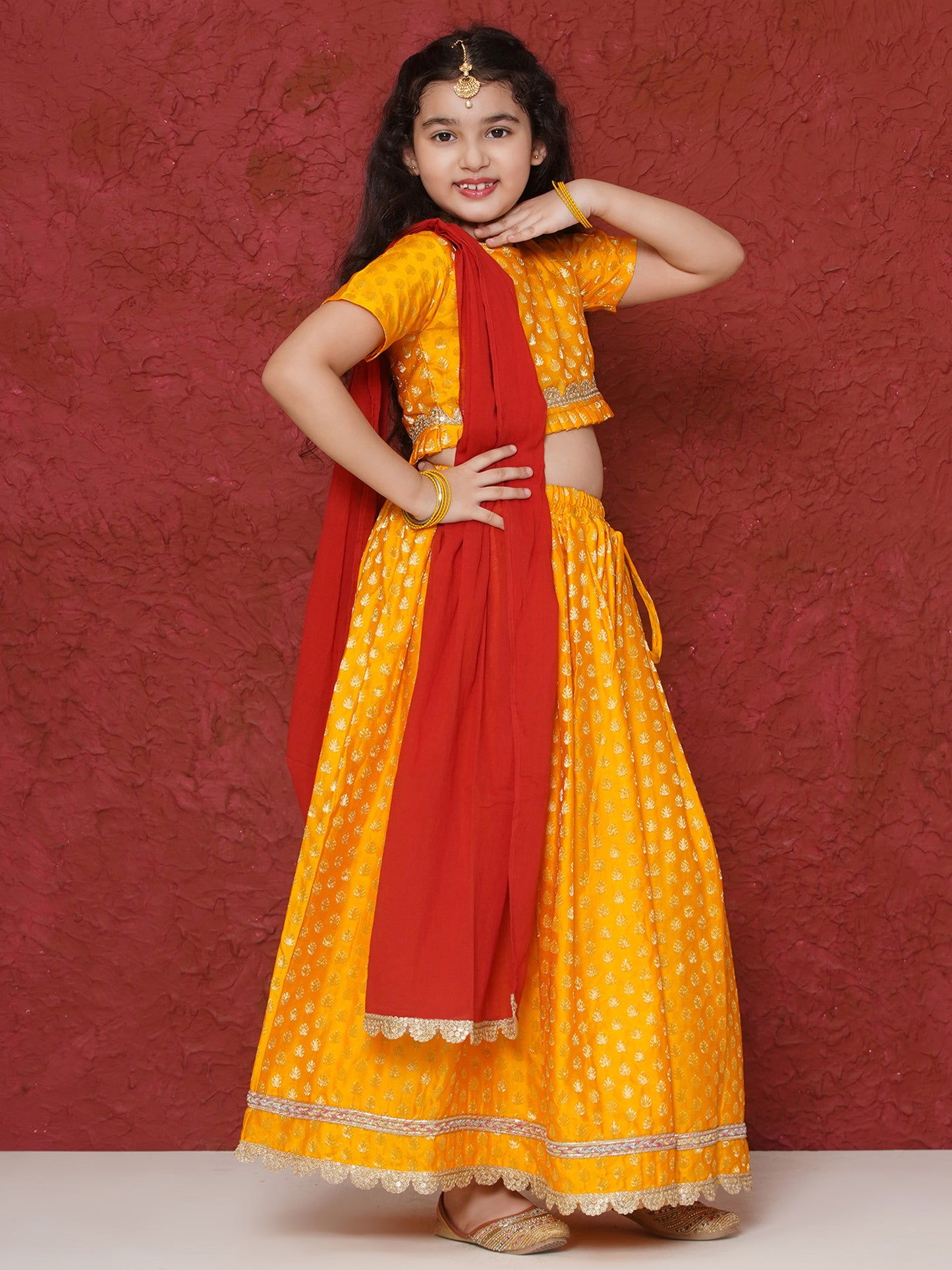 Aj Dezines Yellow Poly Chanderi Half Sleeves Motif Print Lehenga Choli For Girls