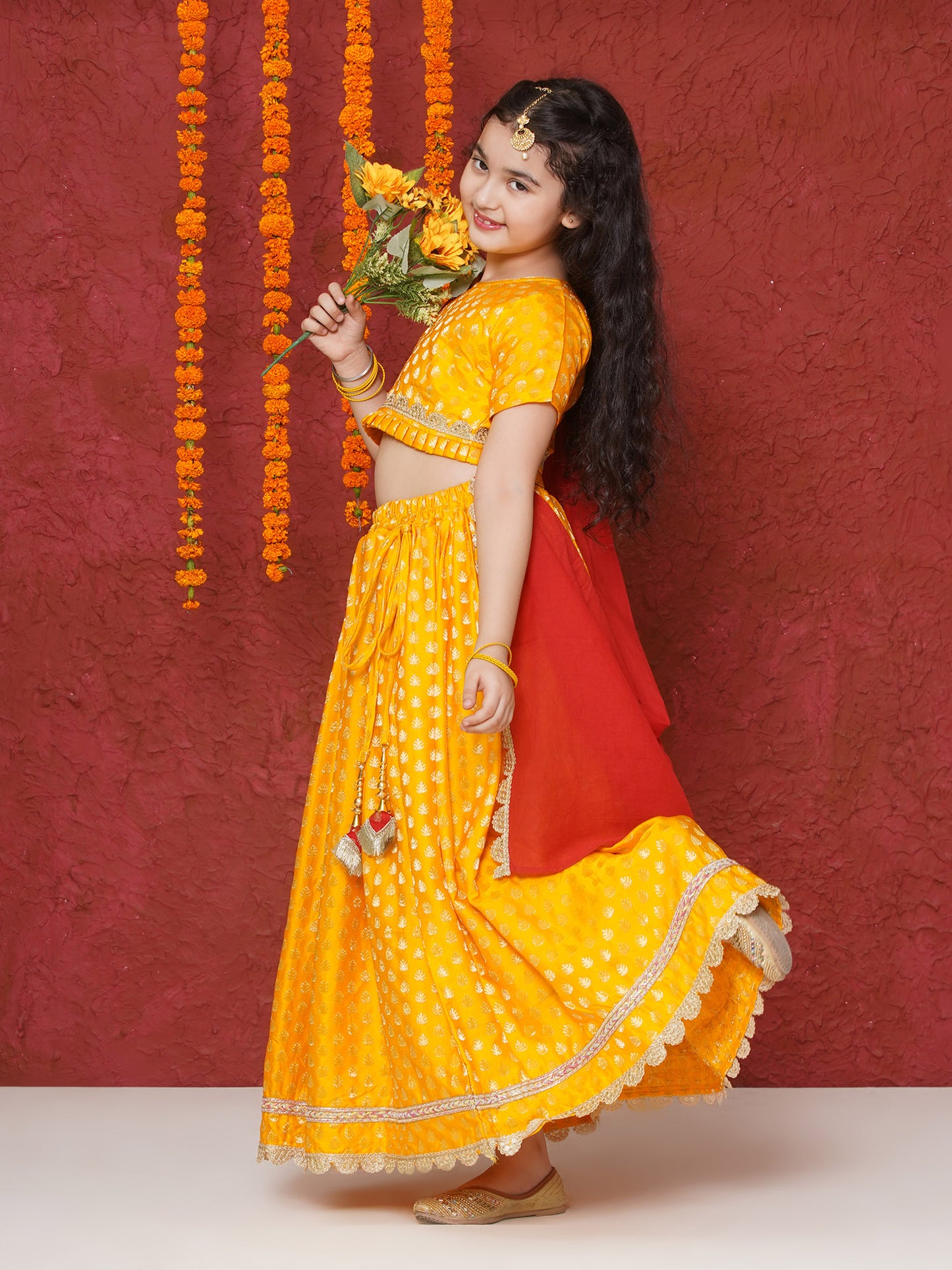 Aj Dezines Yellow Poly Chanderi Half Sleeves Motif Print Lehenga Choli For Girls