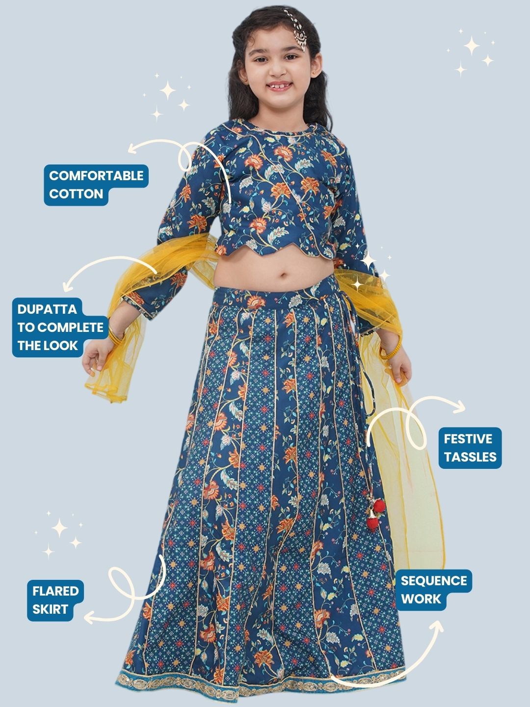 Dark Blue Rayon Full sleeves Floral Print Lehenga Choli for Girls - AJ Dezines