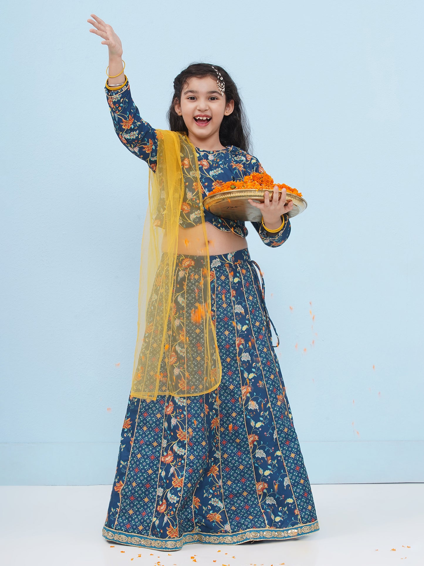 Dark Blue Rayon Full sleeves Floral Print Lehenga Choli for Girls