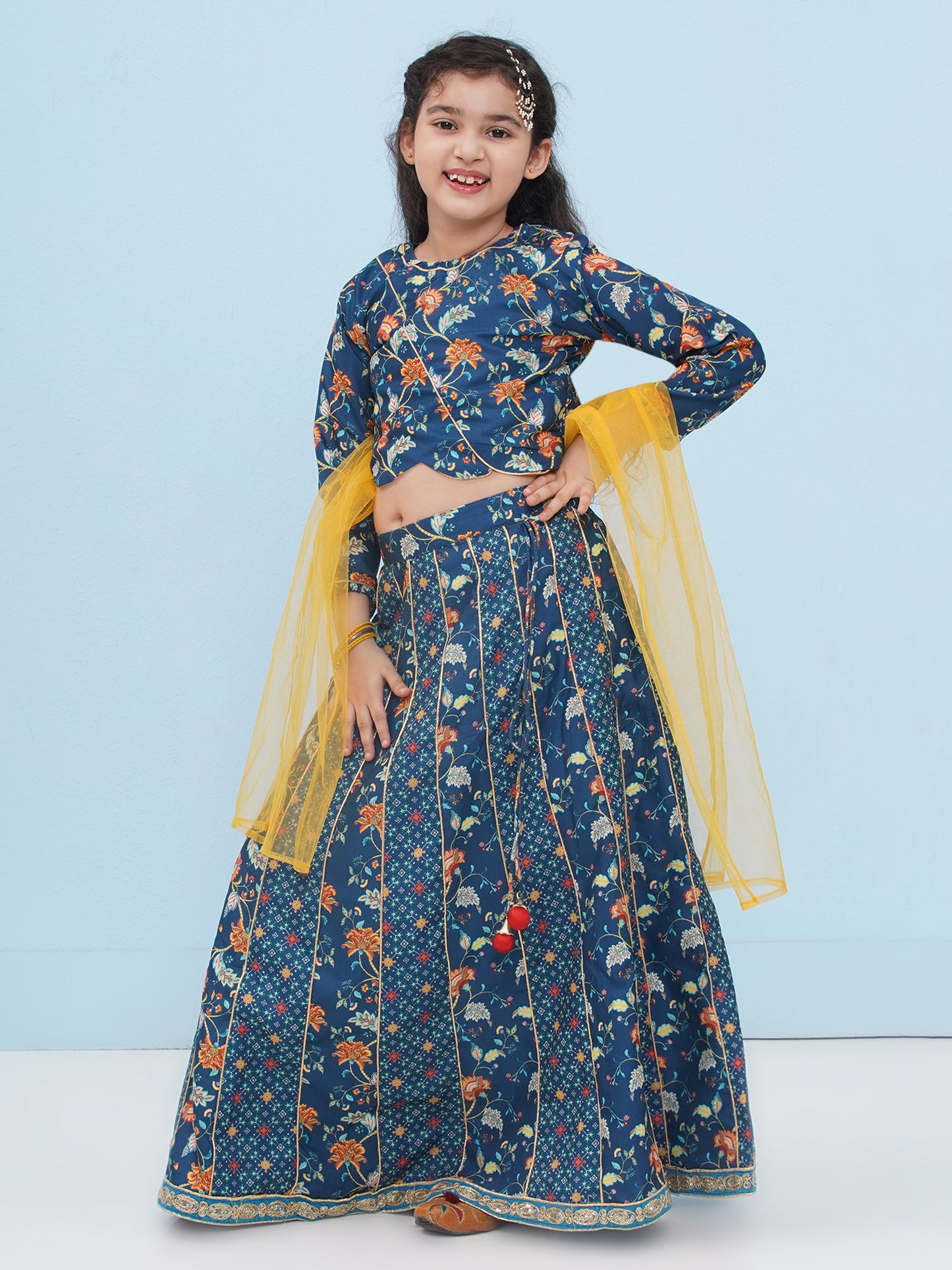 Dark Blue Rayon Full sleeves Floral Print Lehenga Choli for Girls