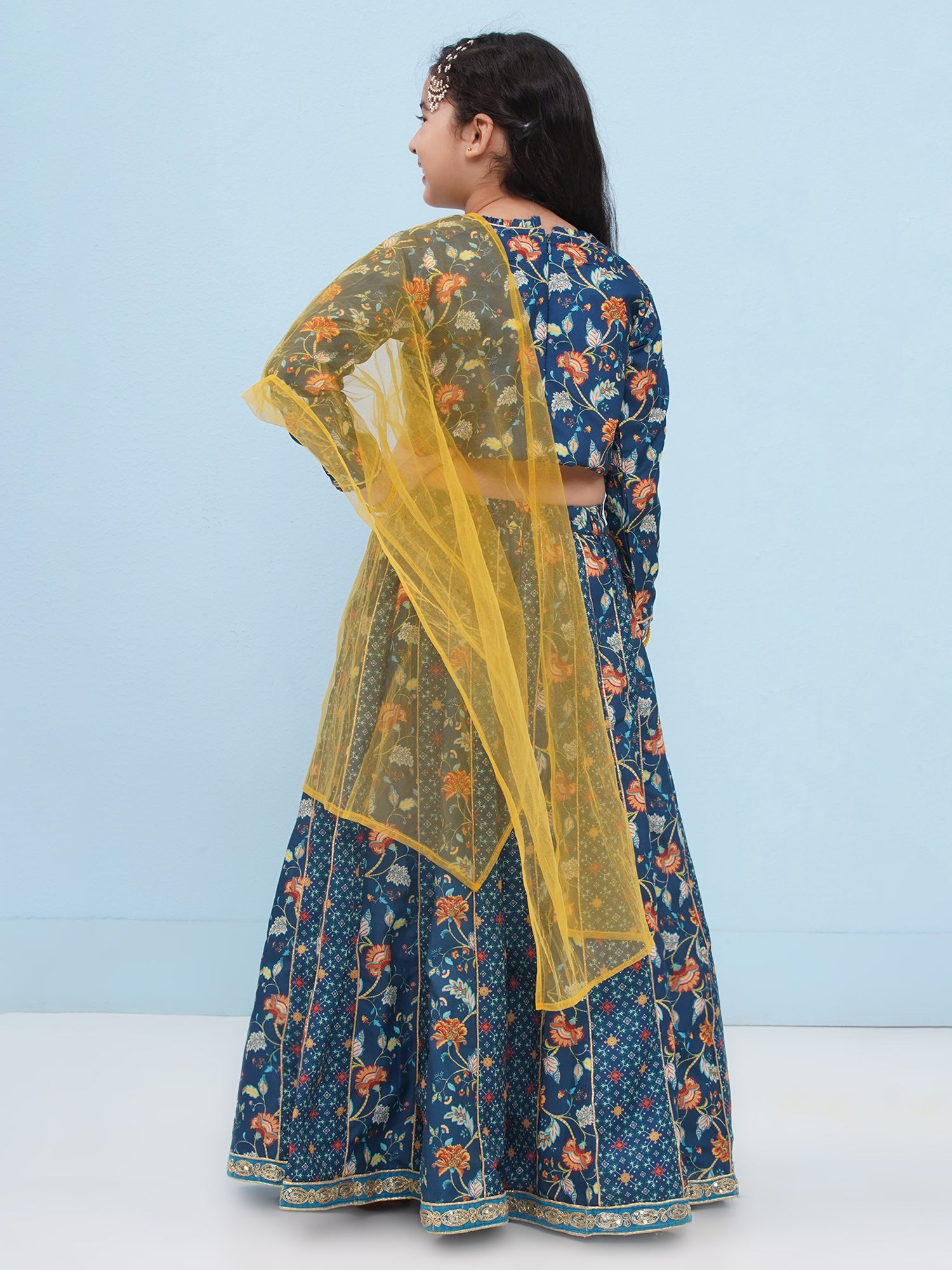 Dark Blue Rayon Full sleeves Floral Print Lehenga Choli for Girls - AJ Dezines