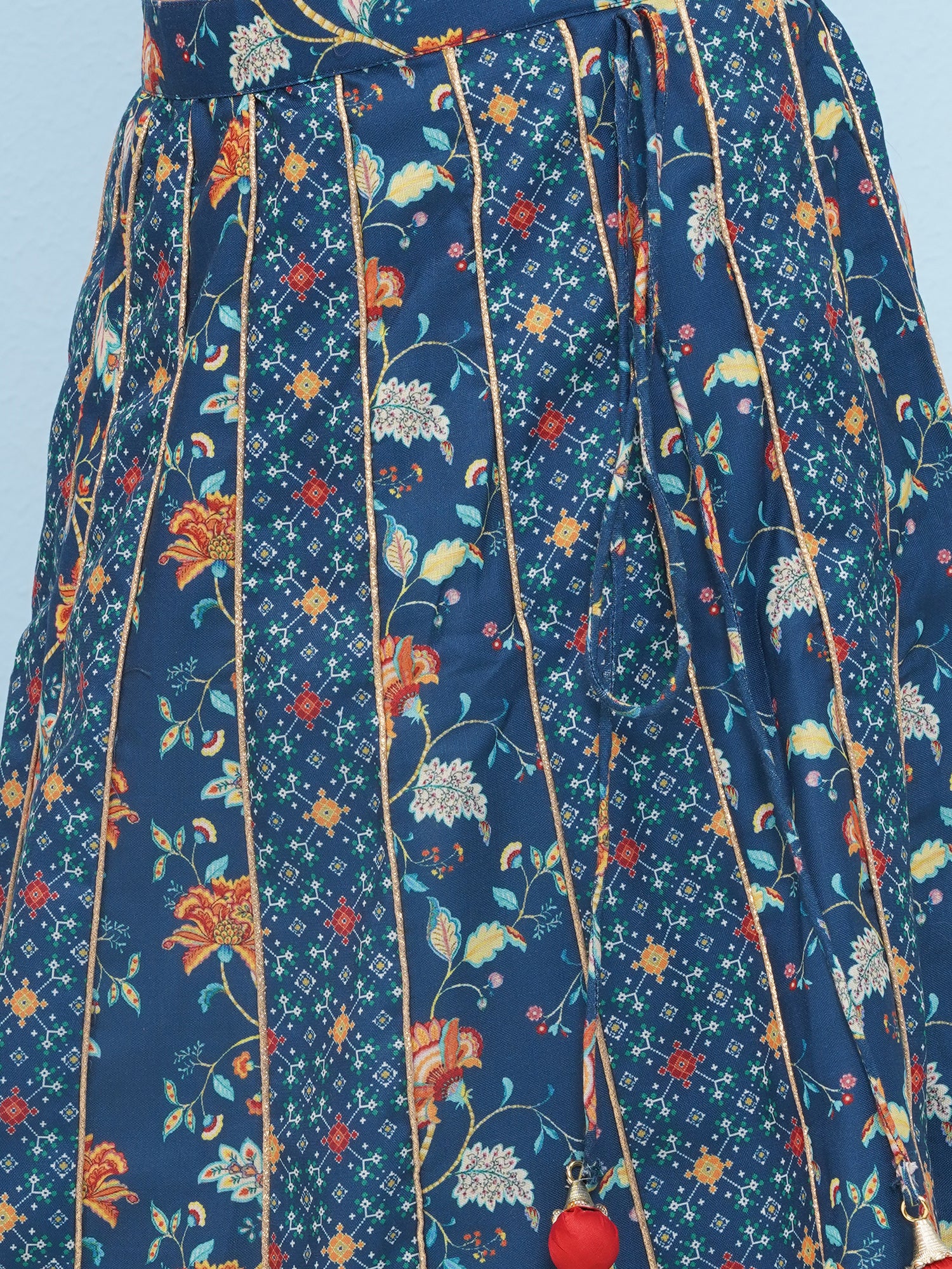 Dark Blue Rayon Full sleeves Floral Print Lehenga Choli for Girls - AJ Dezines
