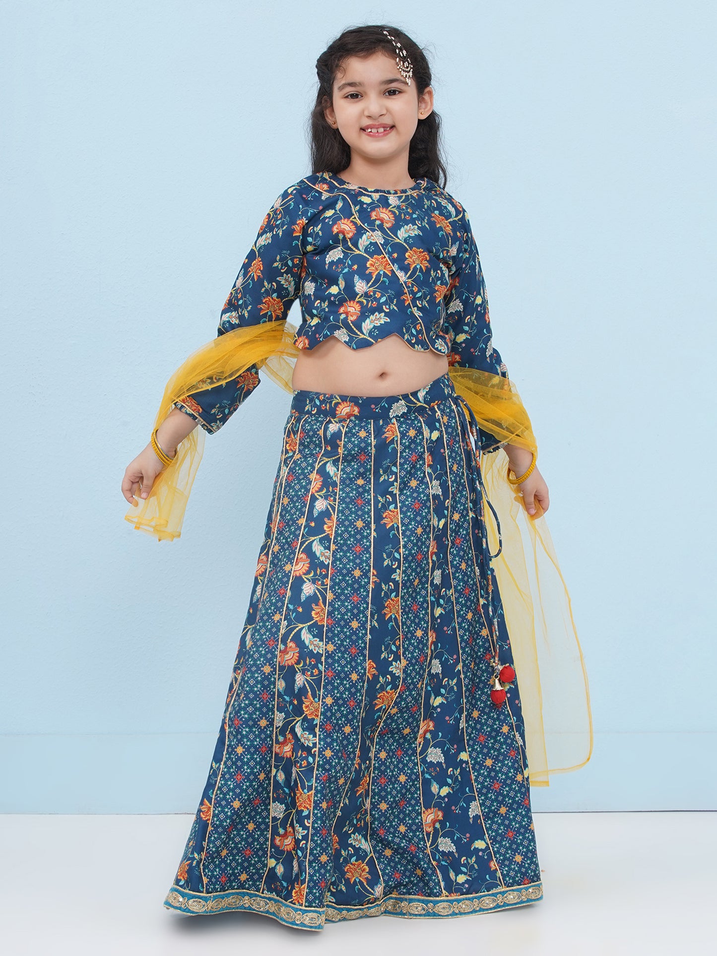 Dark Blue Rayon Full sleeves Floral Print Lehenga Choli for Girls