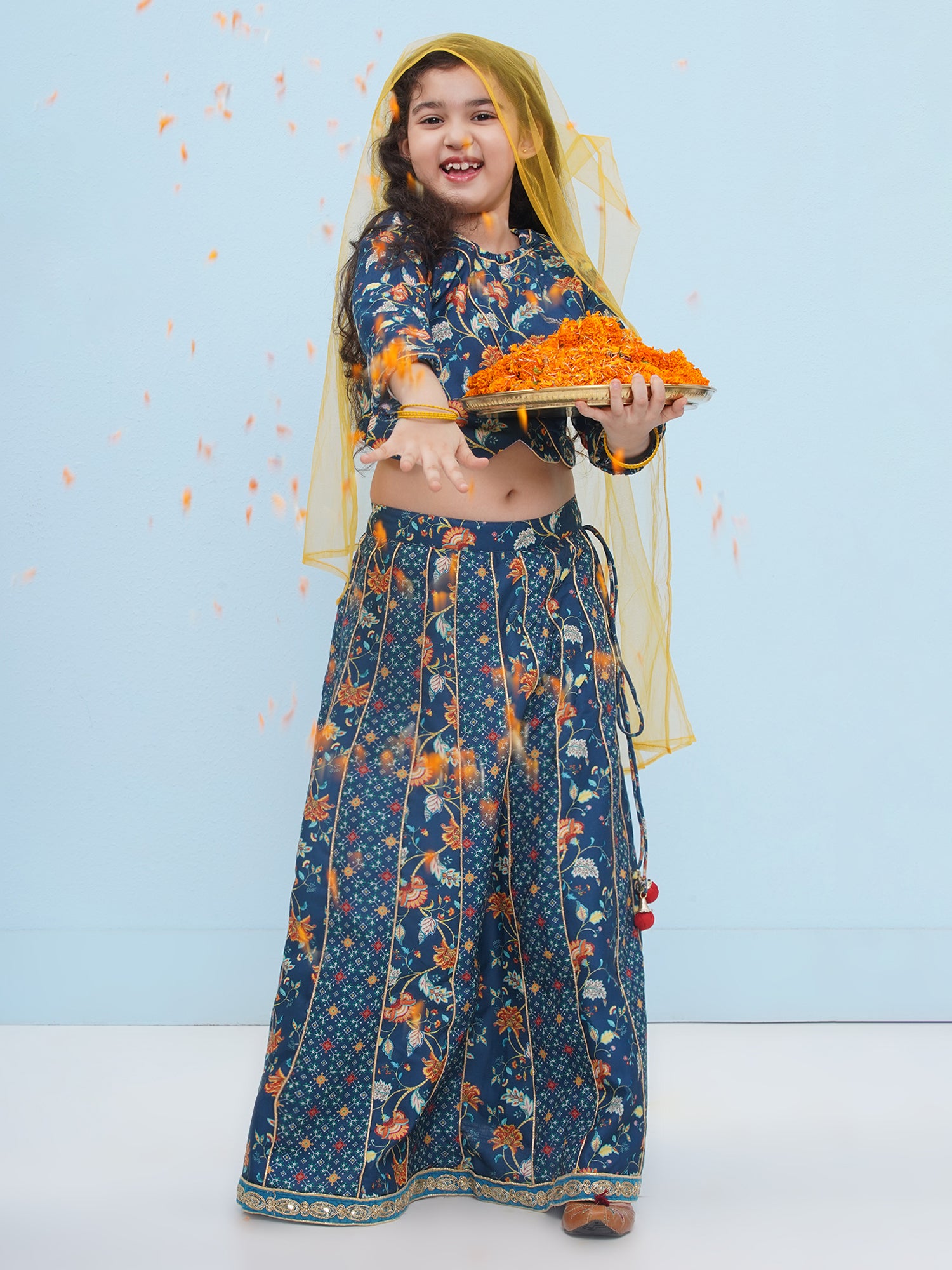 Dark Blue Rayon Full sleeves Floral Print Lehenga Choli for Girls - AJ Dezines