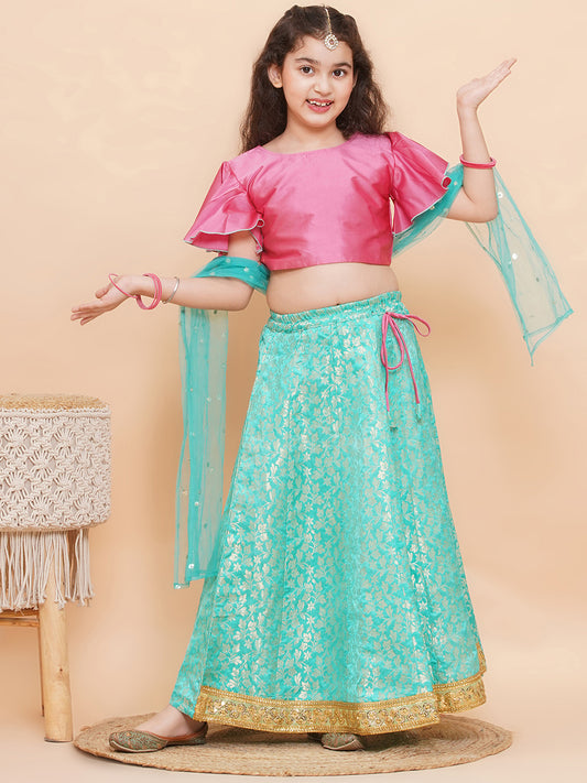 Blue Brocade Half Sleeves Jal Embroidery Lehenga Choli for Girls