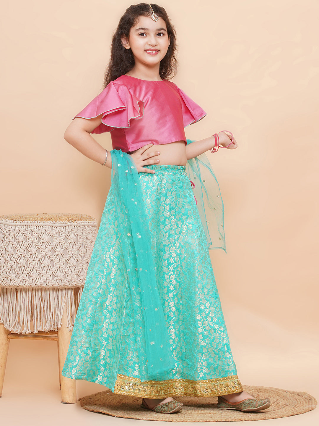 Blue Brocade Half Sleeves Jal Embroidery Lehenga Choli for Girls