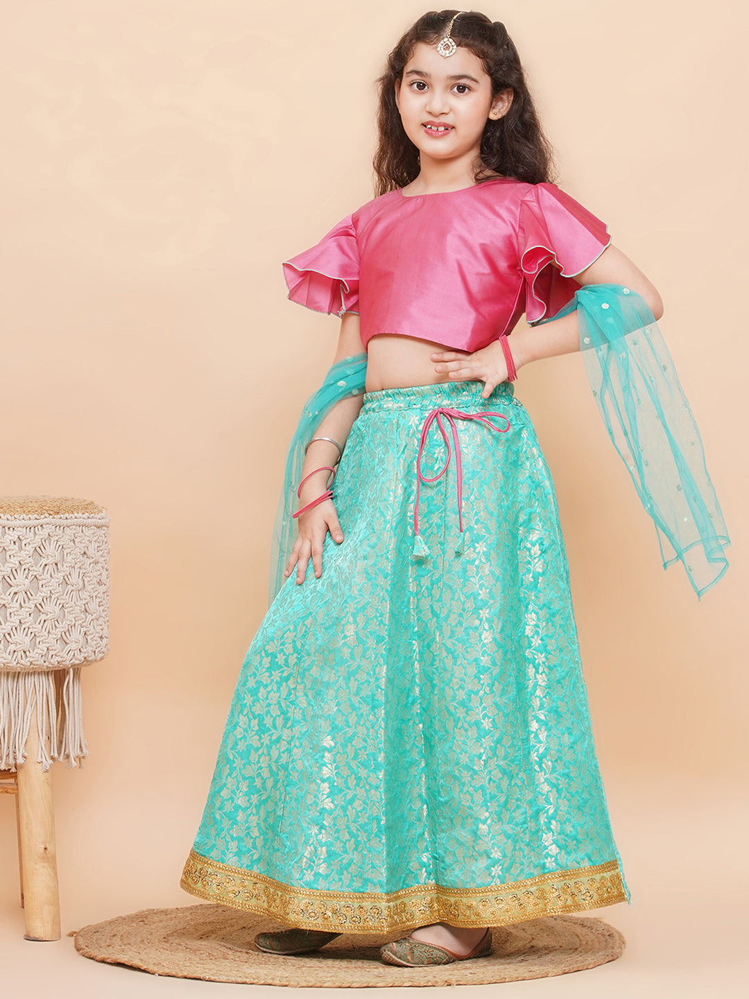 Blue Brocade Half Sleeves Jal Embroidery Lehenga Choli for Girls