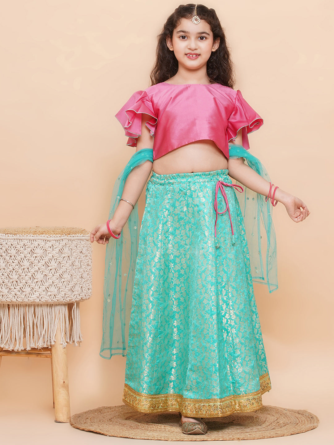 Blue Brocade Half Sleeves Jal Embroidery Lehenga Choli for Girls