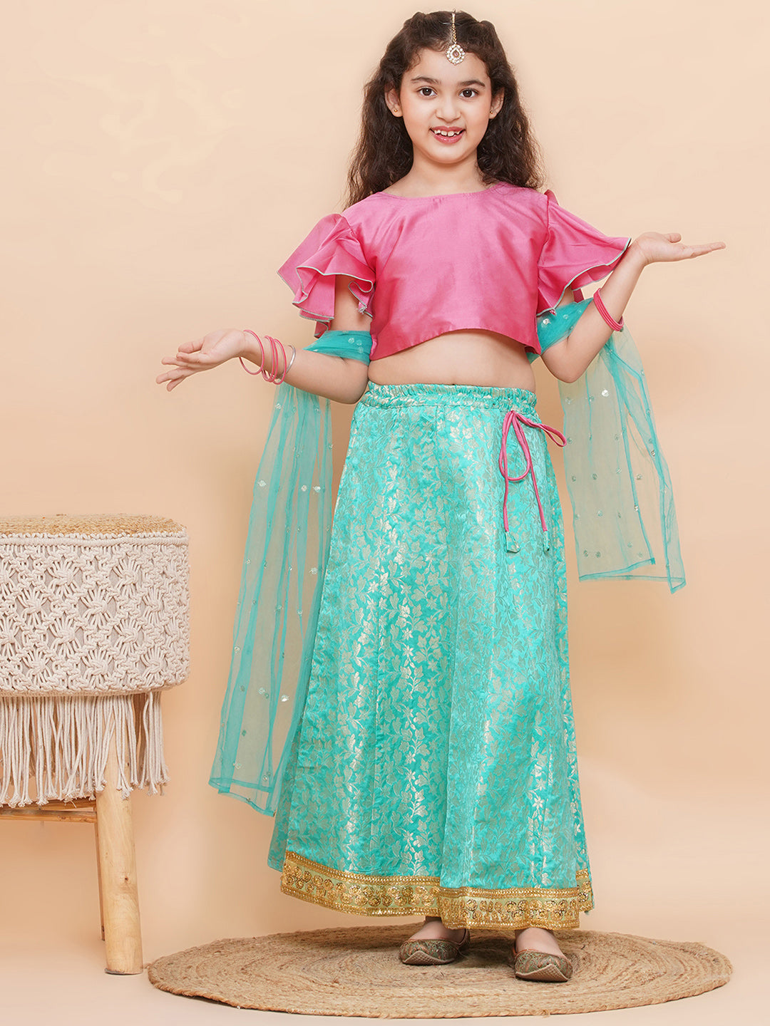 Blue Brocade Half Sleeves Jal Embroidery Lehenga Choli for Girls