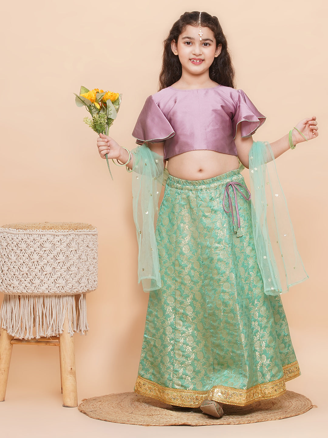 Green Brocade Half Sleeves Jal Embroidery Lehenga Choli for Girls