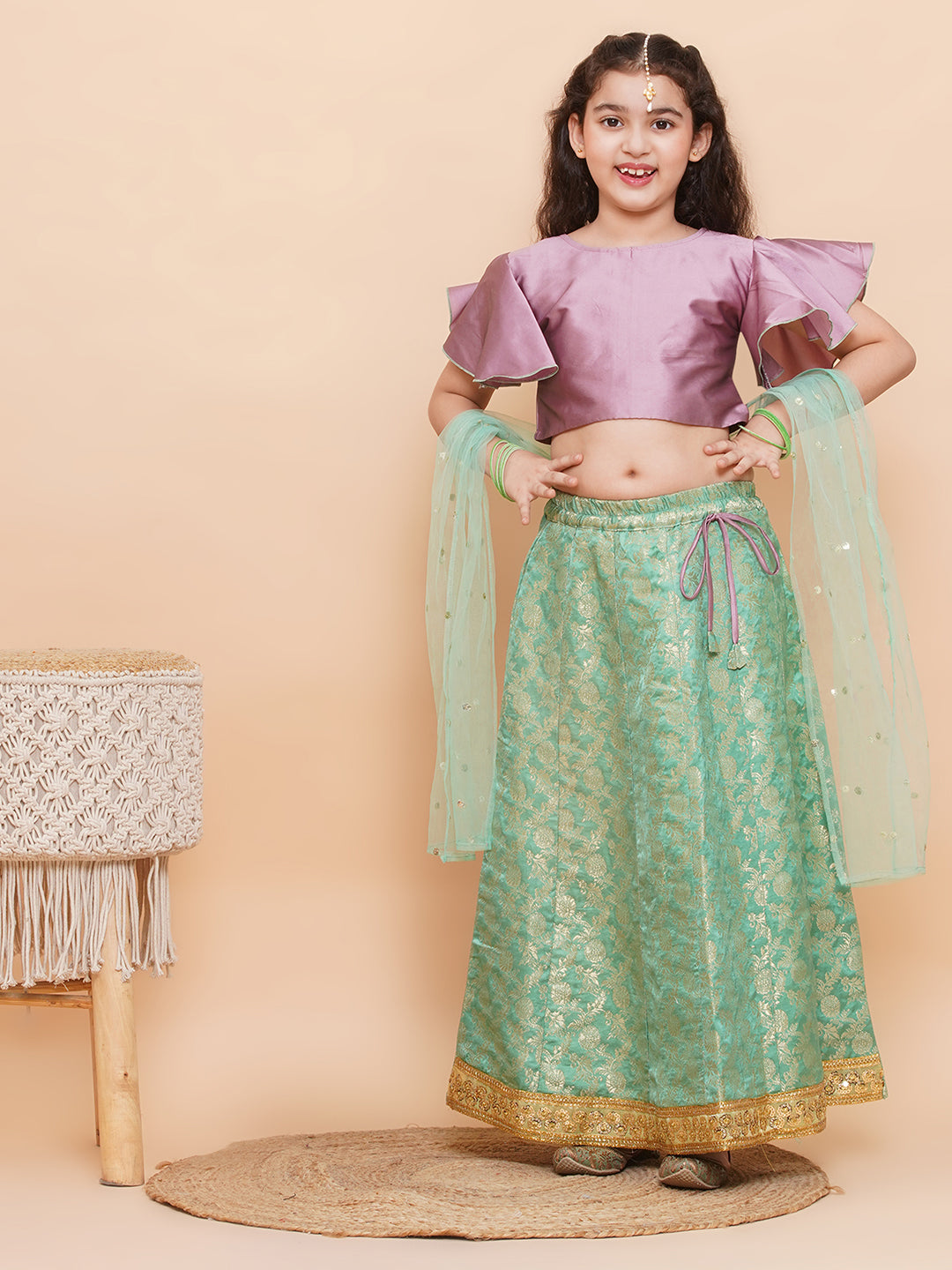 Green Brocade Half Sleeves Jal Embroidery Lehenga Choli for Girls