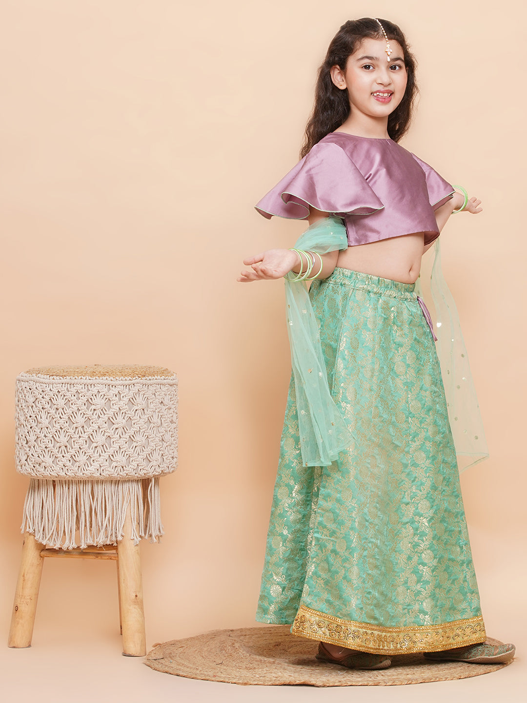 Green Brocade Half Sleeves Jal Embroidery Lehenga Choli for Girls