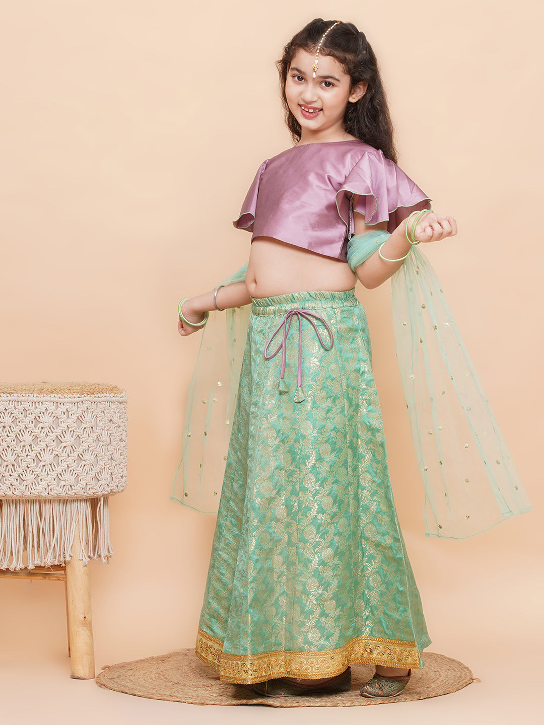 Green Brocade Half Sleeves Jal Embroidery Lehenga Choli for Girls