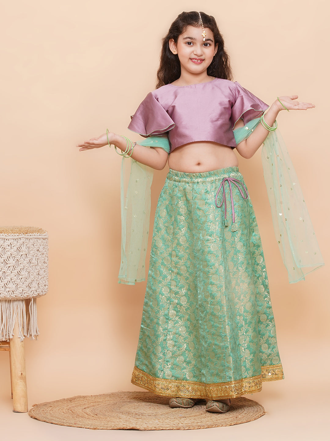 Green Brocade Half Sleeves Jal Embroidery Lehenga Choli for Girls