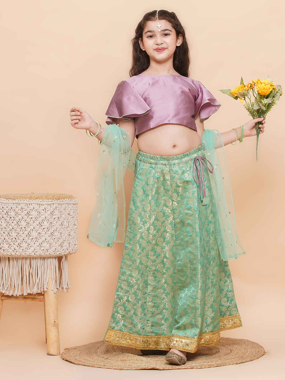 Green Brocade Half Sleeves Jal Embroidery Lehenga Choli for Girls