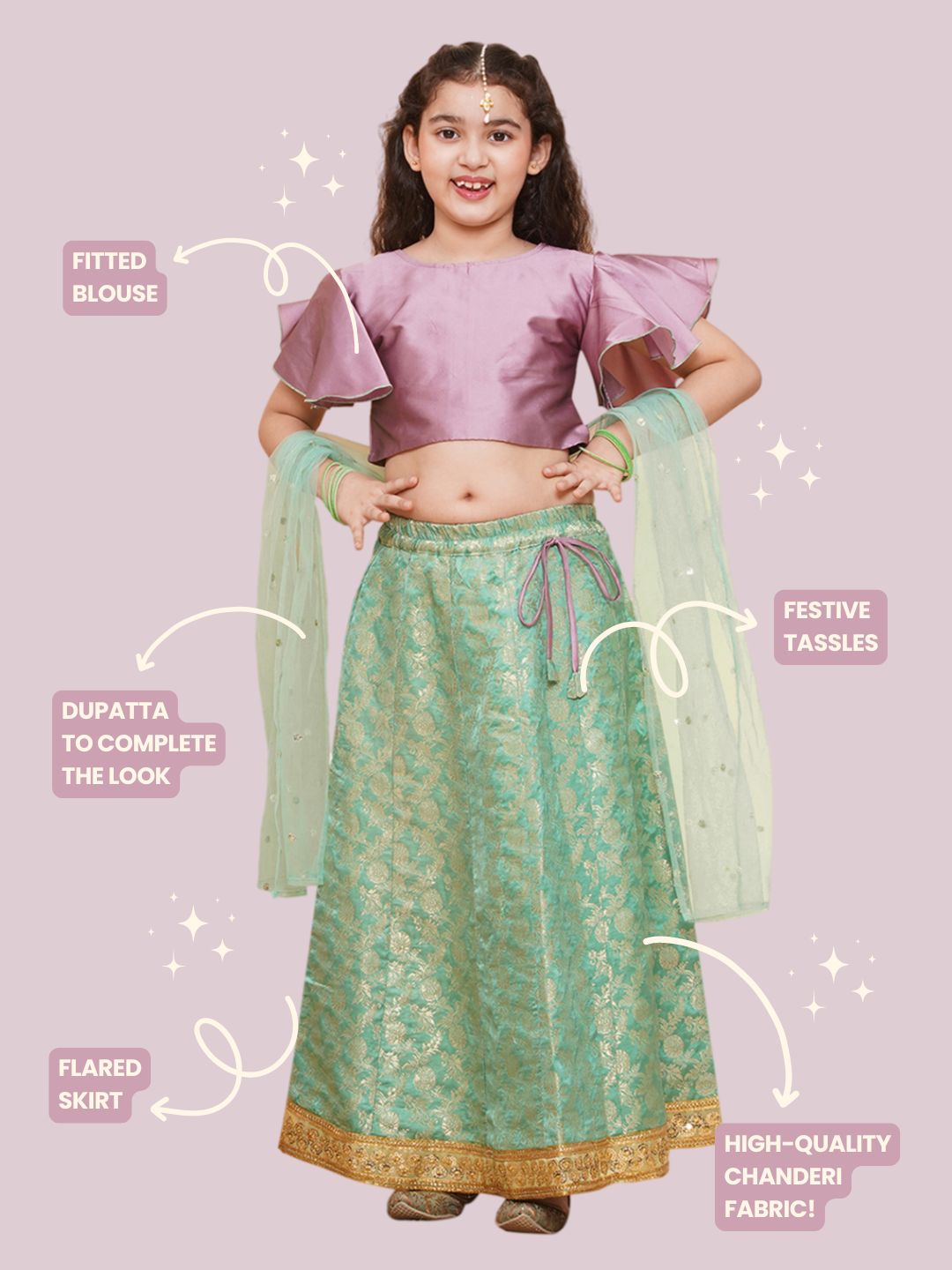 Green Brocade Half Sleeves Jal Embroidery Lehenga Choli for Girls