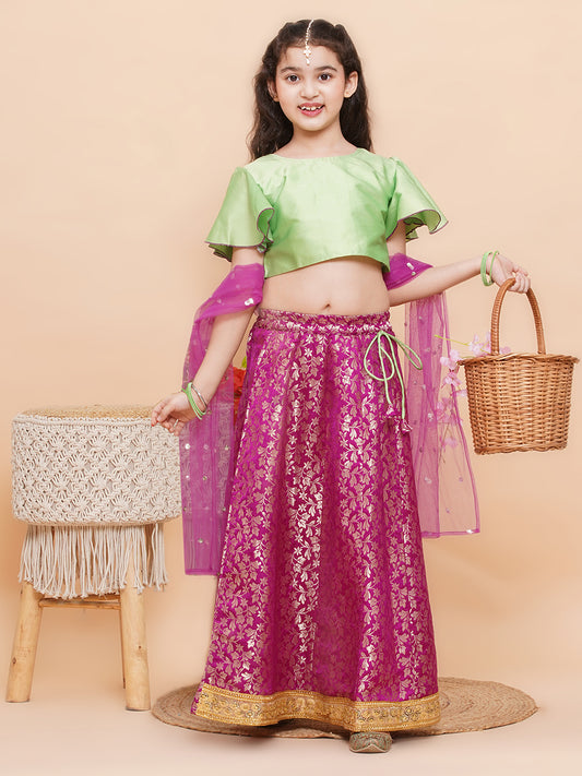 Purple Brocade Half Sleeves Jal Embroidery Lehenga Choli for Girls