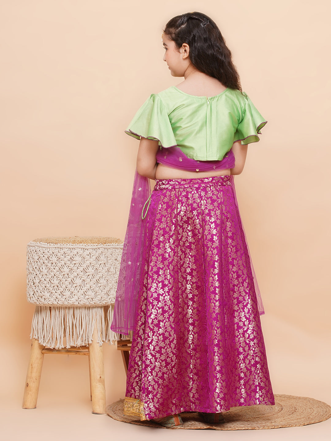 Purple Brocade Half Sleeves Jal Embroidery Lehenga Choli for Girls