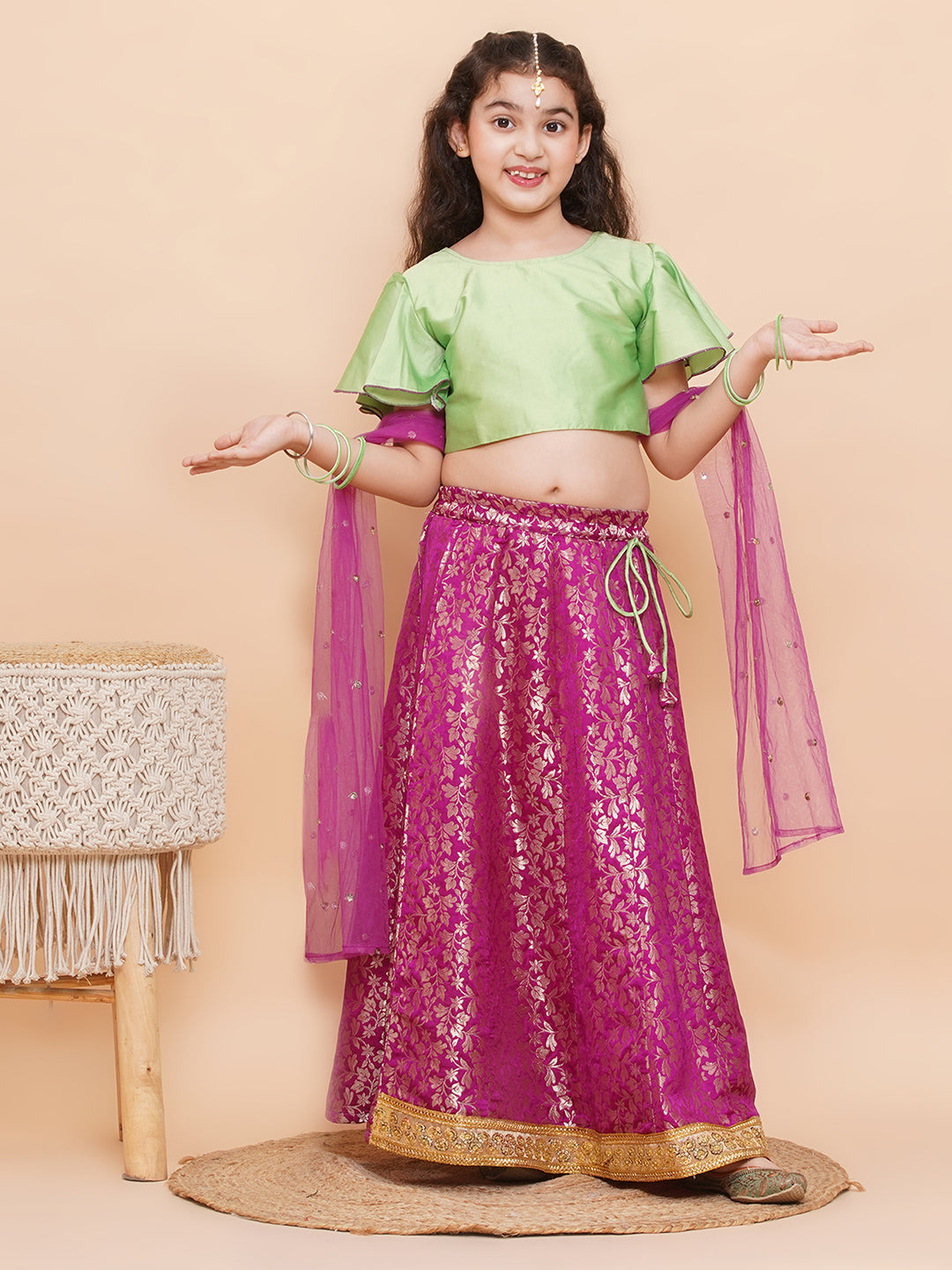 Purple Brocade Half Sleeves Jal Embroidery Lehenga Choli for Girls