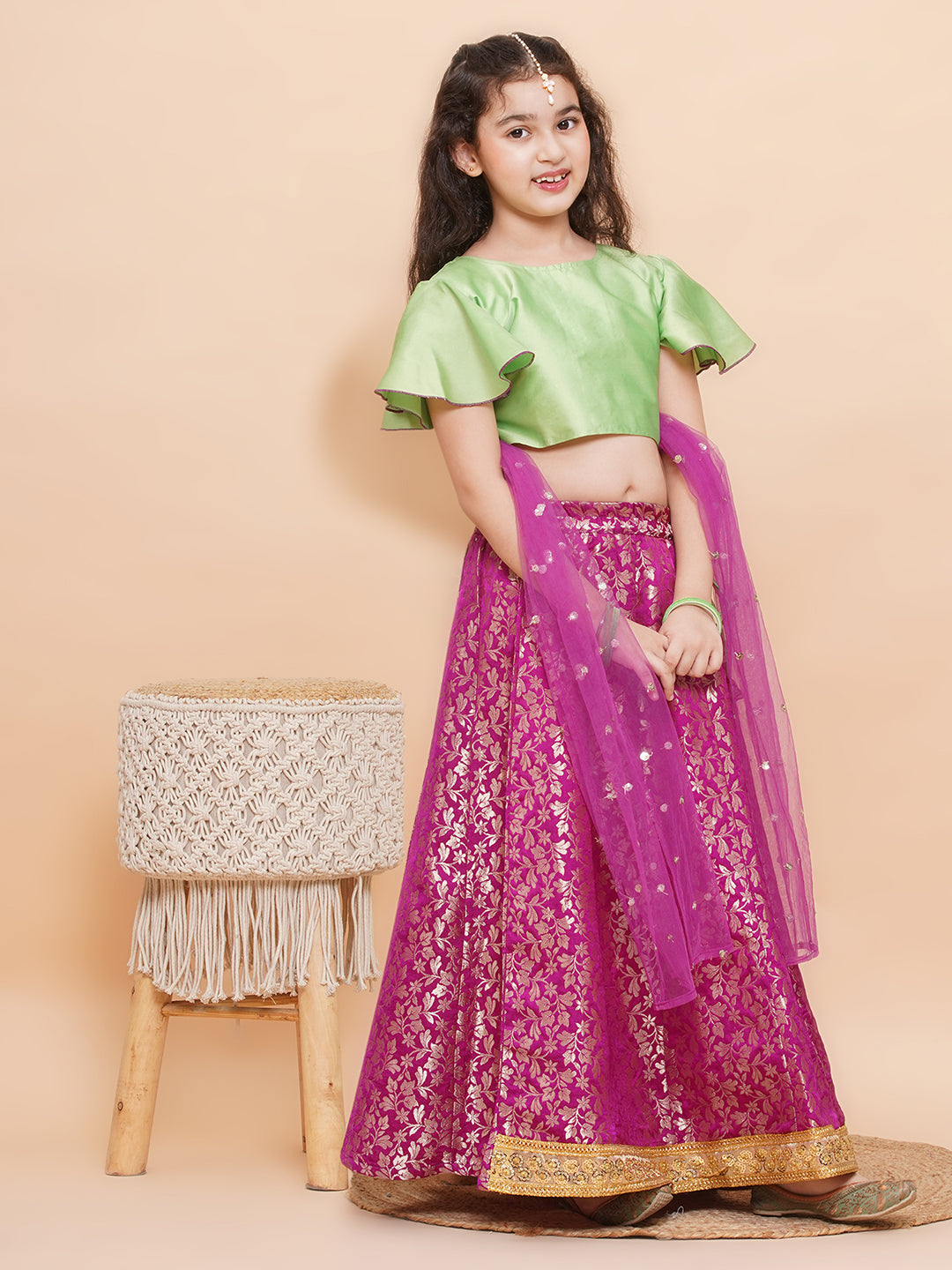 Purple Brocade Half Sleeves Jal Embroidery Lehenga Choli for Girls