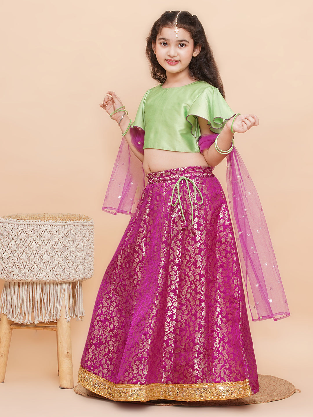 Purple Brocade Half Sleeves Jal Embroidery Lehenga Choli for Girls