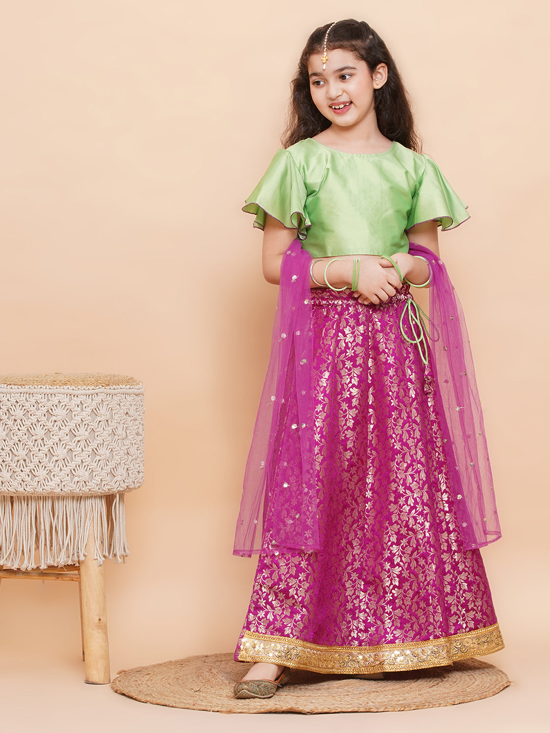 Purple Brocade Half Sleeves Jal Embroidery Lehenga Choli for Girls