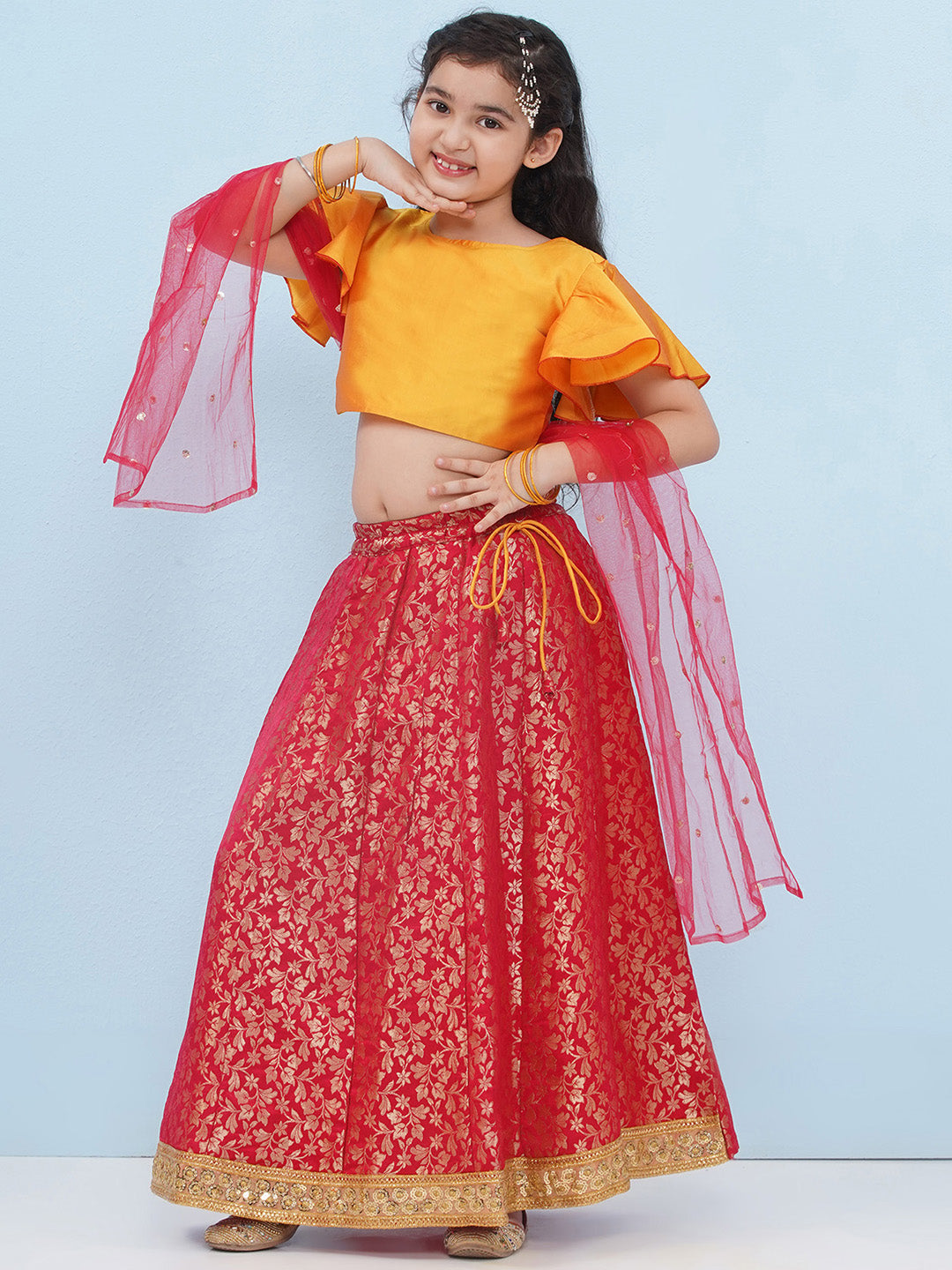 RED Brocade Half Sleeves Jal Embroidery Lehenga Choli for Girls