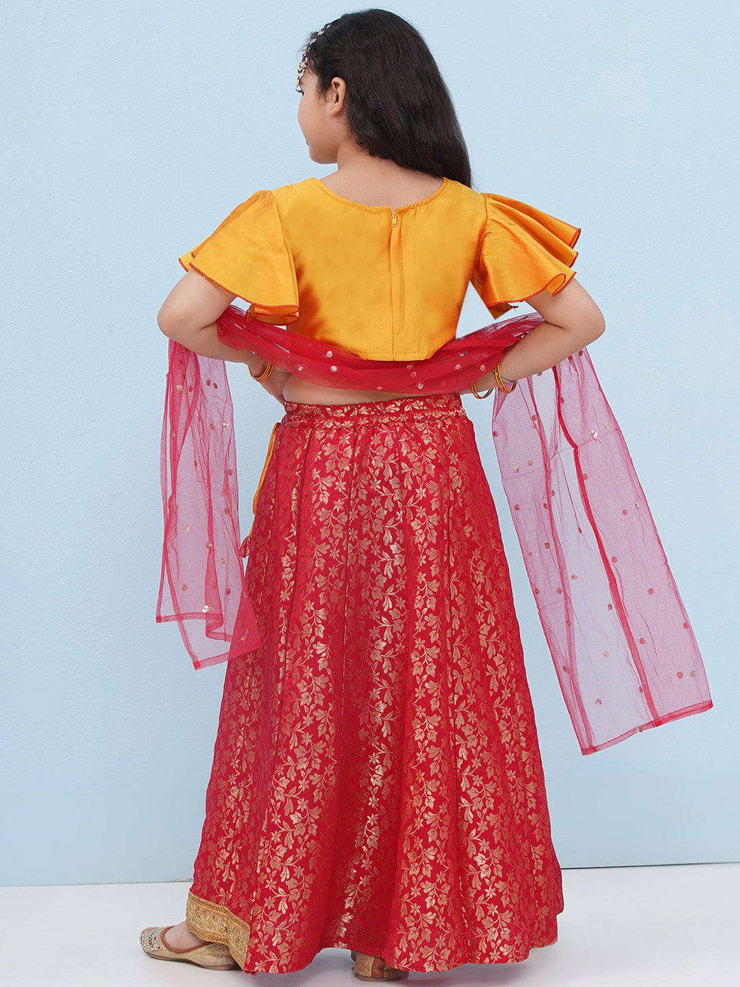 RED Brocade Half Sleeves Jal Embroidery Lehenga Choli for Girls