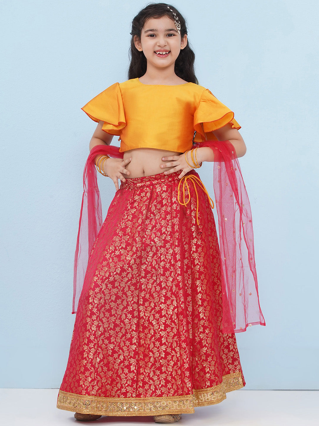 RED Brocade Half Sleeves Jal Embroidery Lehenga Choli for Girls